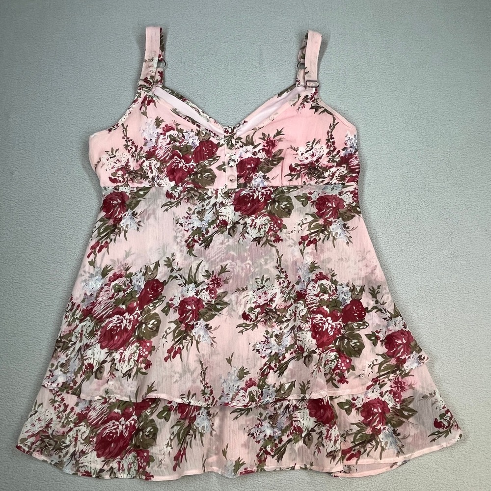 Seductions Floral Babydoll Cami Top Womens S Pink Tiered Adjustable Strap Boho